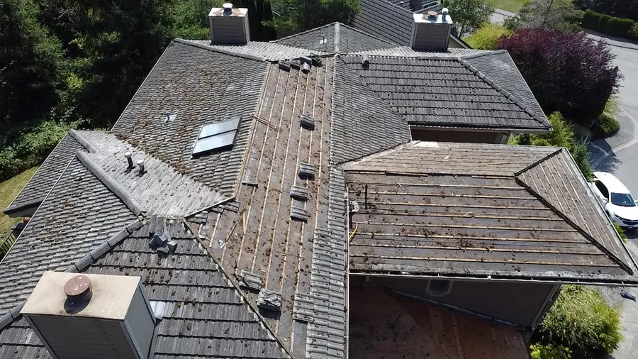 An aging roof with heavy moss growth on a home in Bellevue, WA